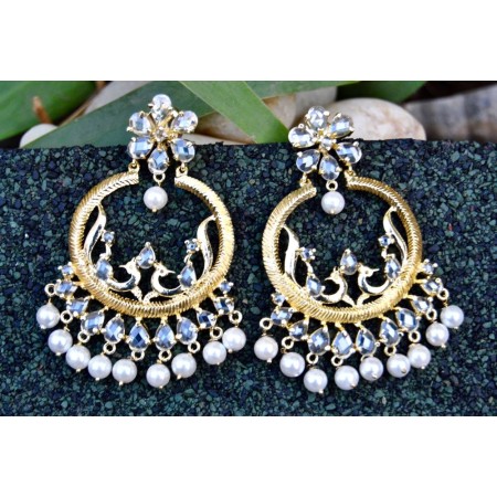 Exquisite Peacock Gold Chand Bali Organic Diamond Earrings